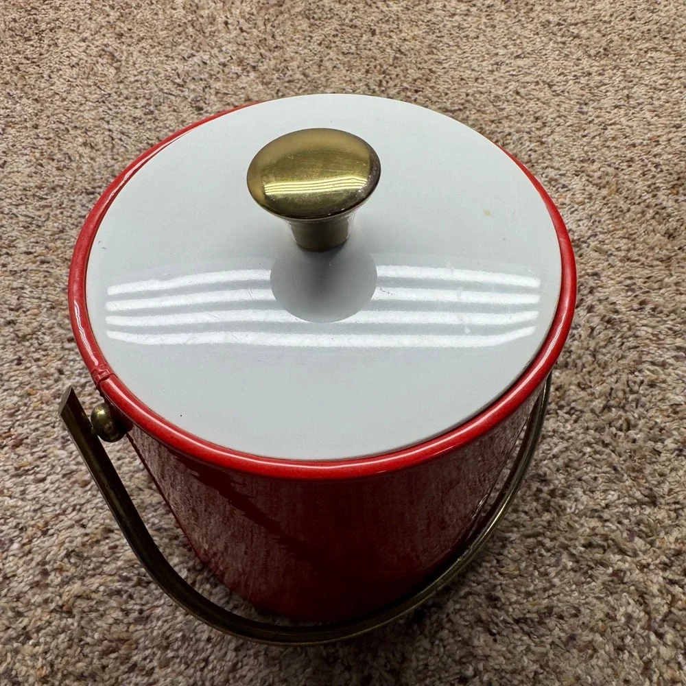 Vintage Gimbels Red Vinyl Ice Bucket Brass Handle Mid Century Modern Made Italy